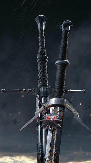 Dark Fantasy Dual Swords With Glowing Red Eyes And Runes HD phone wallpaper
