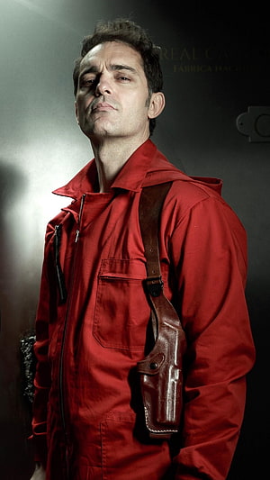 Berlin from Money Heist in Red Jumpsuit with Leather Gun Holster HD phone wallpaper