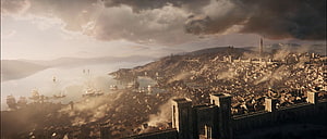 Baldur's Gate 3 Cityscape with Ships and Smoke Under Dramatic Sky HD wallpaper