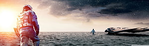 Interstellar astronaut on alien ocean with spacecraft and starry sky HD wallpaper