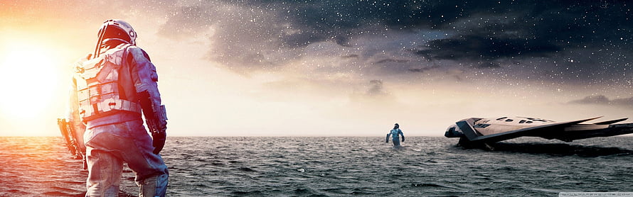 Interstellar astronaut on alien ocean with spacecraft and starry sky HD wallpaper
