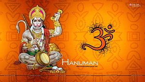 Hanuman Hindu God Wallpaper with Om Symbol and Gada on Orange Background, Full God list, god full screen HD wallpaper