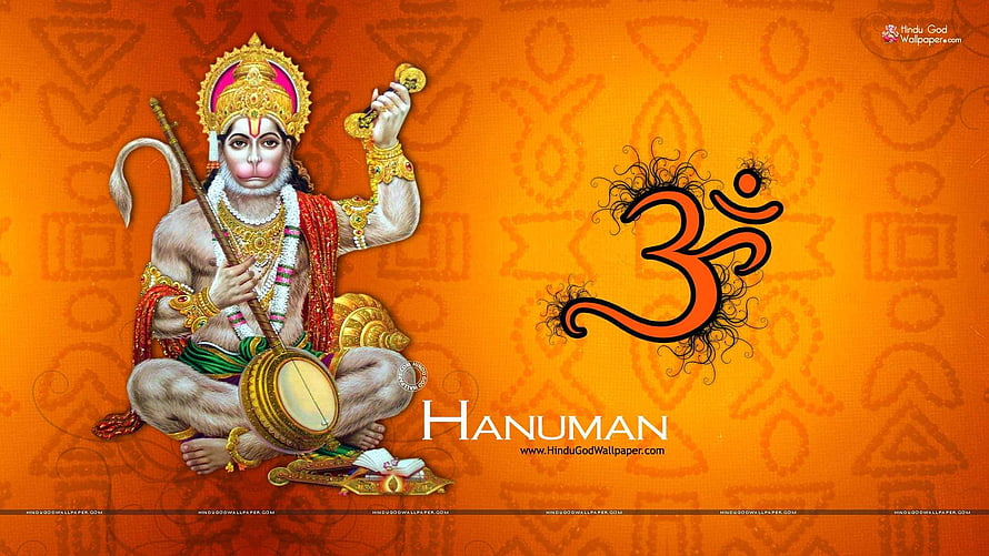 Hanuman Hindu God Wallpaper with Om Symbol and Gada on Orange Background, Full God list, god full screen HD wallpaper
