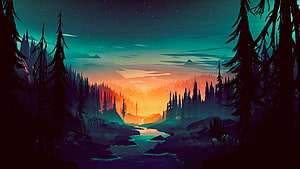 Minimalist Digital Art of a Serene Forest River at Sunset with Silhouetted Pines HD wallpaper