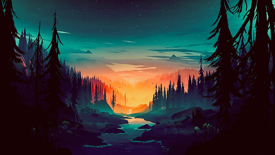 Minimalist Digital Art of a Serene Forest River at Sunset with Silhouetted Pines HD wallpaper