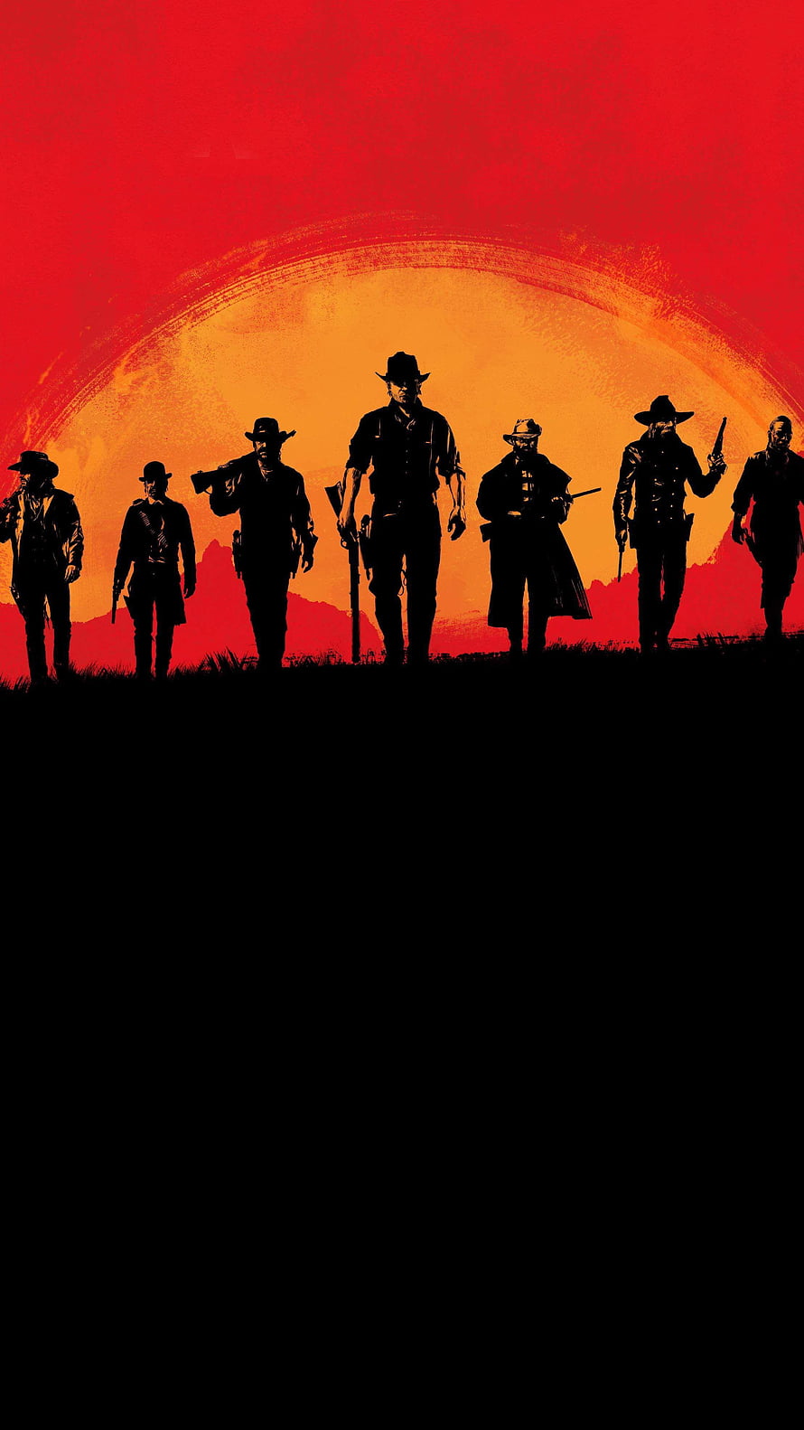 Red Dead Redemption 2 Gang Silhouettes Against Fiery Sunset Sky HD phone wallpaper