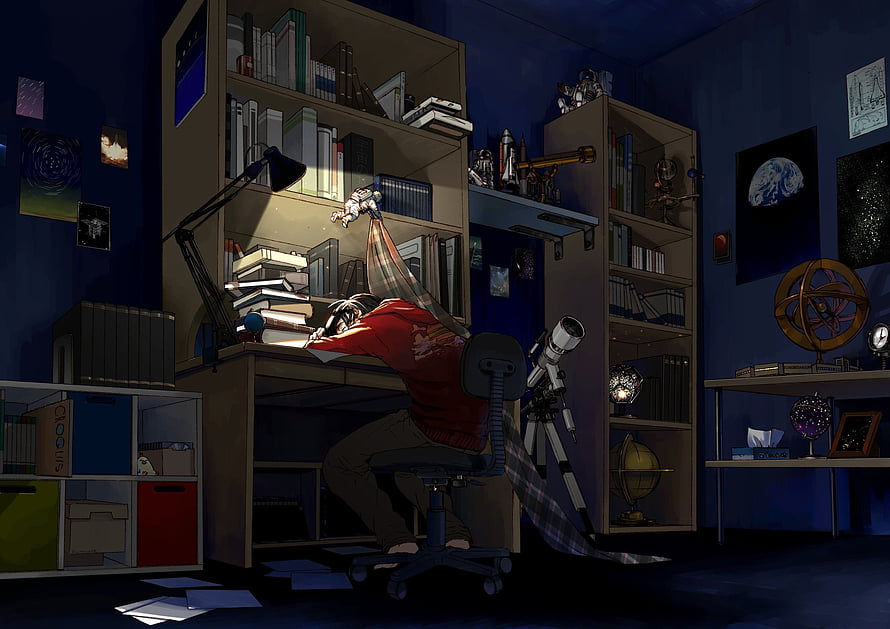 Anime Illustration of a Student Sleeping at a Desk in a Cluttered Nighttime Study Room HD wallpaper