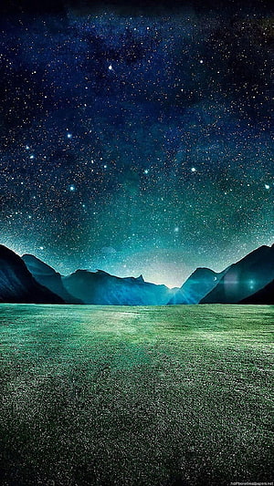 Starry Night Sky Over Mountain Valley and Green Meadow Landscape HD phone wallpaper