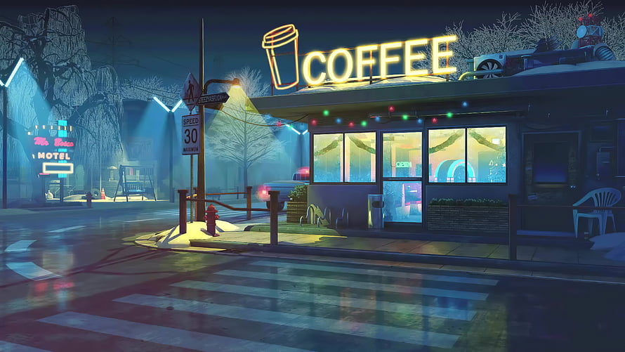 Neon-lit retro coffee shop on a rainy night with glowing signage and wet street reflections HD wallpaper