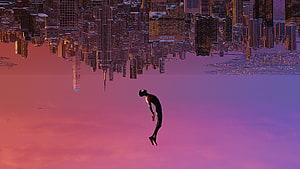 Miles Morales falling through a surreal inverted cityscape at sunset in Spider-Man Into the Spider-Verse style, 3840x2160 spiderman, upside, miles morales leap of faith HD wallpaper