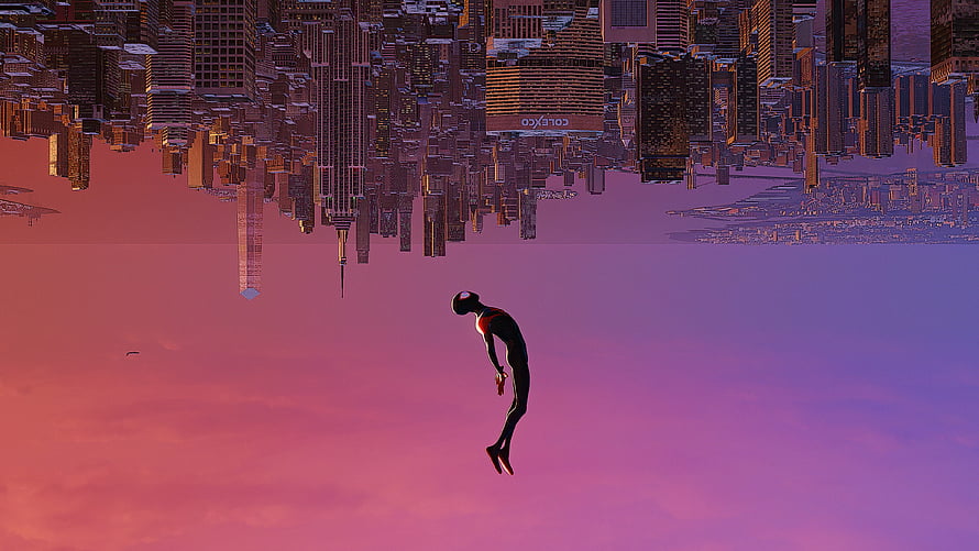 Miles Morales falling through a surreal inverted cityscape at sunset in Spider-Man Into the Spider-Verse style, 3840x2160 spiderman, upside, miles morales leap of faith HD wallpaper