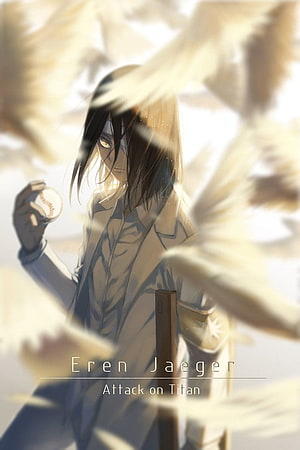 Eren Jaeger from Attack on Titan holding a baseball in soft light with feathers HD phone wallpaper