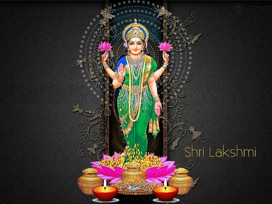 Shri Lakshmi Hindu Goddess of Wealth and Prosperity with Gold Coins and Lotus Flowers HD wallpaper