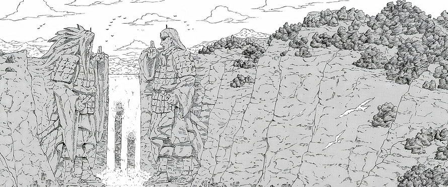 Naruto Valley of the End manga panel featuring two warriors in armor on a rocky cliff HD wallpaper
