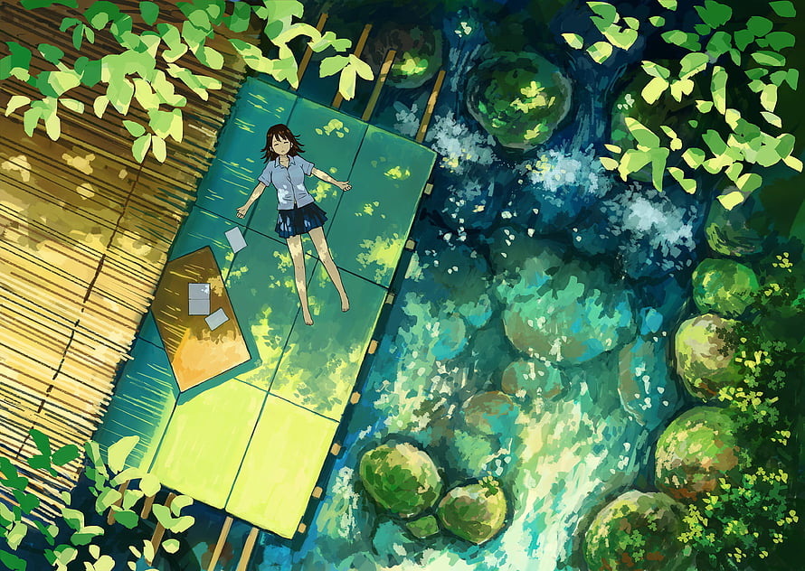 Anime Girl Lying on Bamboo Platform Overstream in Lush Green Forest HD wallpaper