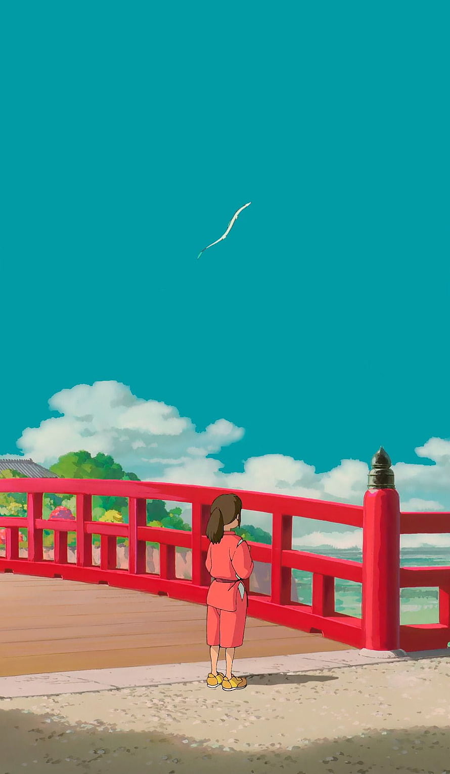 Spirited Away Aesthetic Girl on Red Bridge with Kite in Teal Sky HD phone wallpaper