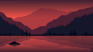 Minimalist Red Mountain Lake Landscape with Pine Tree Silhouettes and Water Reflections HD wallpaper