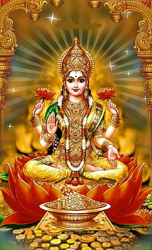 Goddess Lakshmi Sitting on Lotus with Gold Coins and Wealth HD phone wallpaper