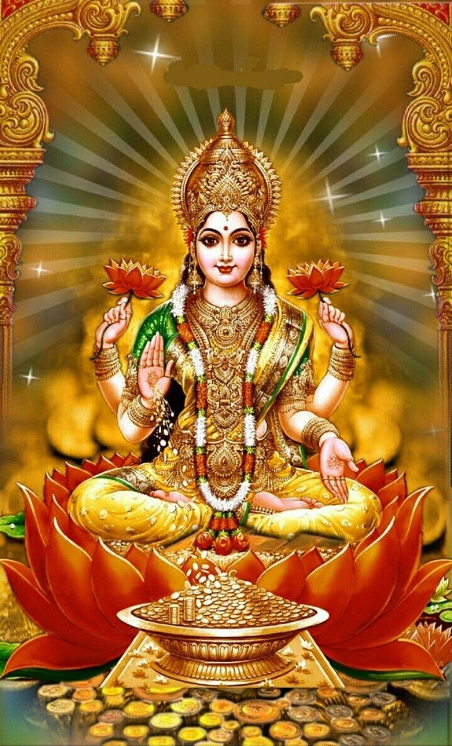 Goddess Lakshmi Sitting on Lotus with Gold Coins and Wealth HD phone wallpaper