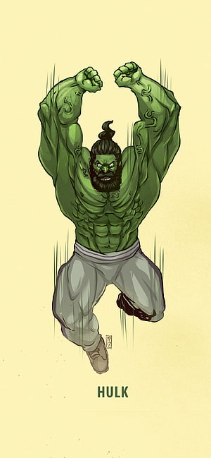 Hulk Gym Trainer Illustration with Muscular Flexing Pose and Beard HD phone wallpaper