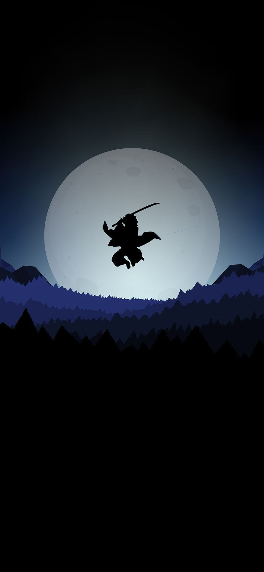 Silhouette of a Samurai Warrior Jumping with Katana Against a Giant Full Moon and Forest HD phone wallpaper