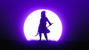 Silhouette of a Samurai Warrior Standing Against a Glowing Purple Moon HD wallpaper