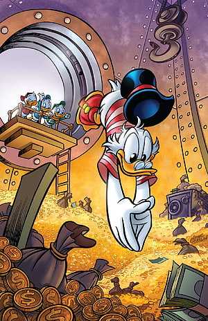 Scrooge McDuck diving into his money bin with Huey Dewey and Louie watching from above HD phone wallpaper