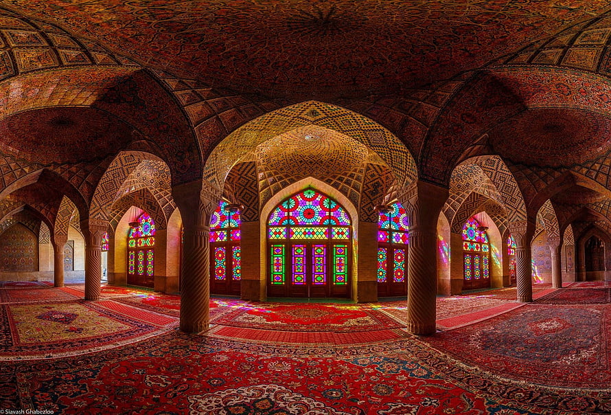 Ornate Persian Mosque Interior with Intricate Stained Glass Windows and Patterned Carpet HD wallpaper