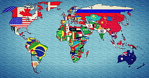 World Map Filled With National Flags of Every Country on a Blue Background HD wallpaper