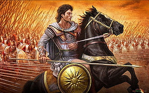 Alexander the Great on Horseback Leading a Phalanx of Macedonian Soldiers in Ancient Battle HD wallpaper