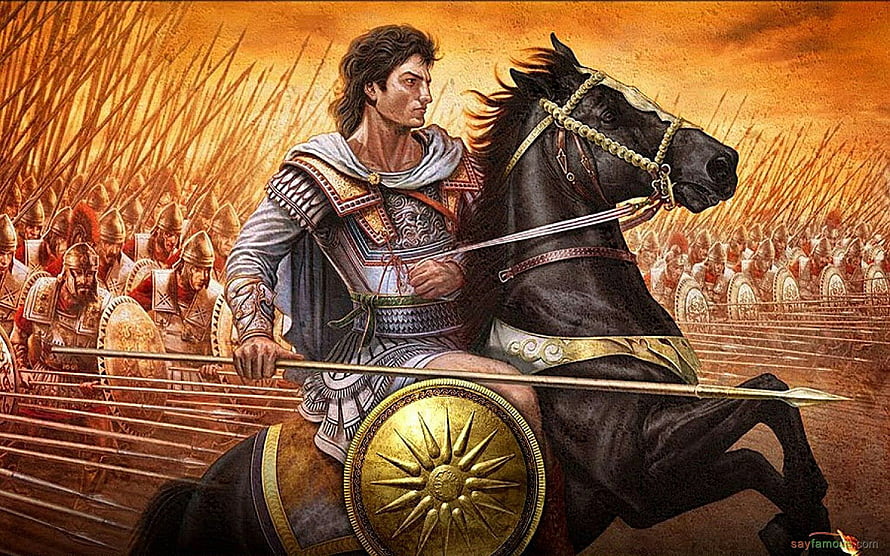 Alexander the Great on Horseback Leading a Phalanx of Macedonian Soldiers in Ancient Battle HD wallpaper