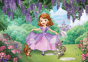Sofia the First in a purple gown dancing in a garden with a squirrel and rabbit beneath wisteria HD wallpaper