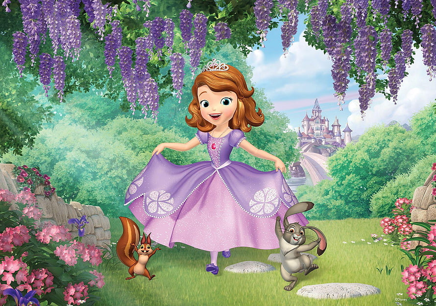 Sofia the First in a purple gown dancing in a garden with a squirrel and rabbit beneath wisteria HD wallpaper