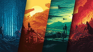 Star Wars Cinematic Poster Art Featuring Jedi, Starfighters, and Dune Landscapes HD wallpaper