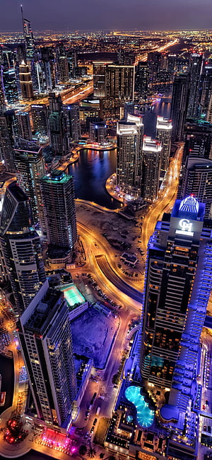 Dubai Downtown Aerial Night View with Skyscrapers and Illuminated Waterways HD phone wallpaper