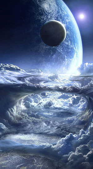 Surreal Cosmic Landscape Featuring a Giant Planet, Moon, and Swirling Clouds HD phone wallpaper