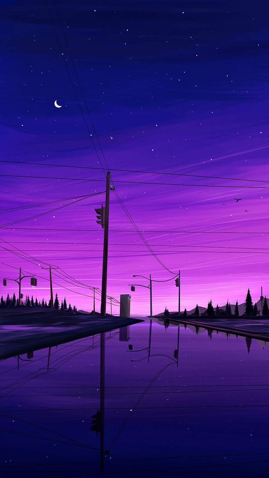 Purple Night Sky With Crescent Moon And Power Lines Reflected In Water HD phone wallpaper
