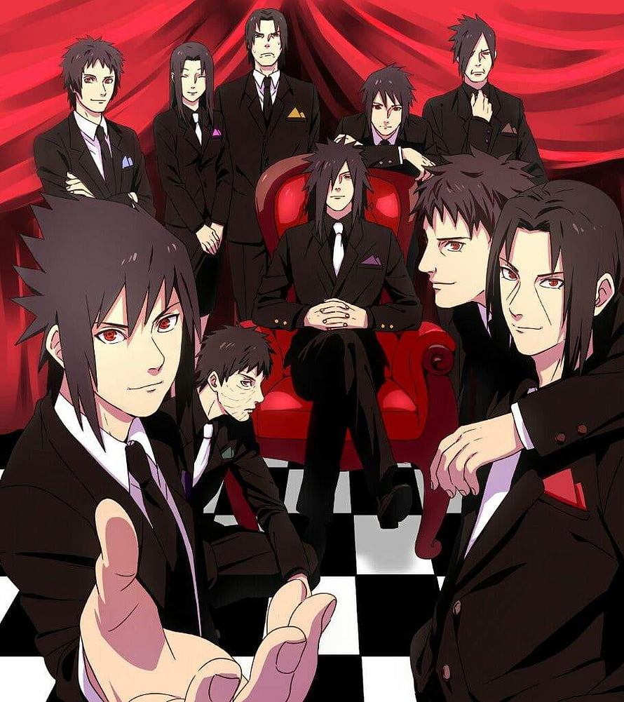 Uchiha Clan Members in Formal Black Suits Against Red Curtain and Checkered Floor HD phone wallpaper