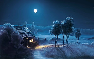 Serene Night Landscape With Glowing Cabin Under Full Moon HD wallpaper