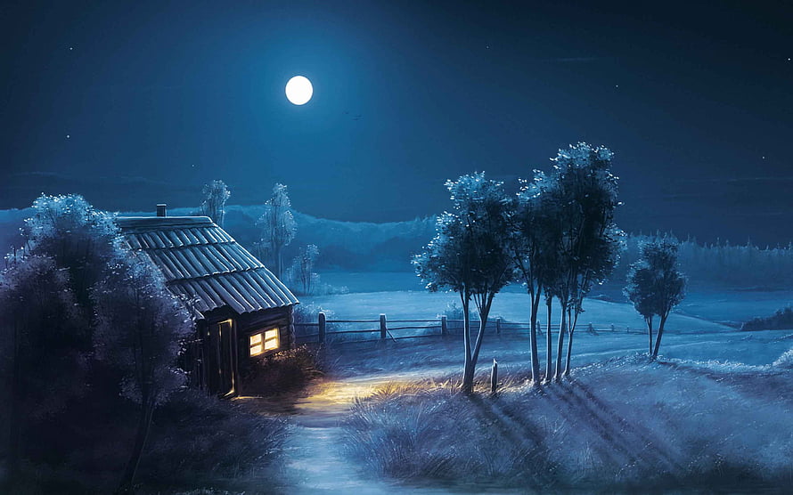 Serene Night Landscape With Glowing Cabin Under Full Moon HD wallpaper