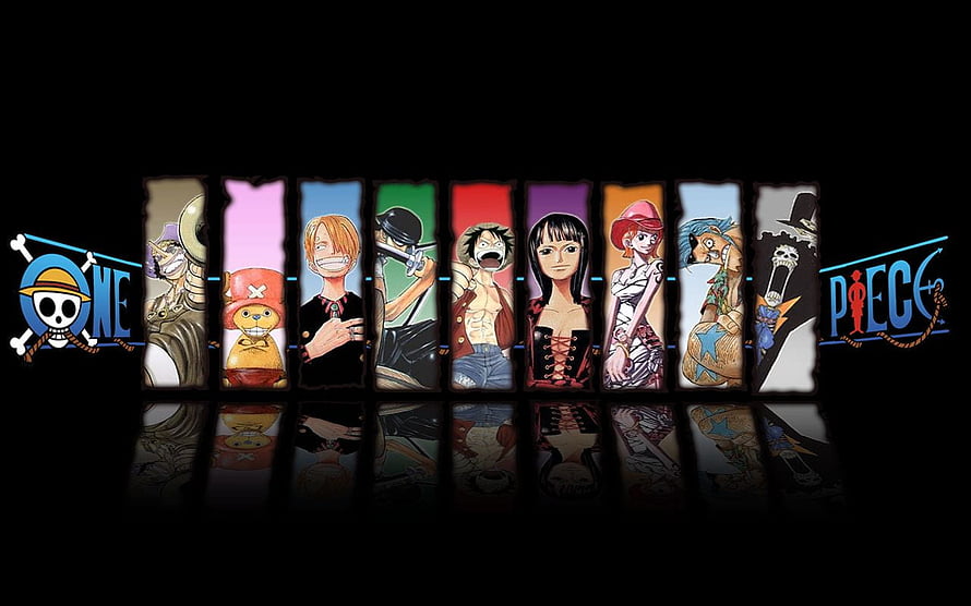 One Piece Straw Hat Crew Character Lineup on Black Background HD wallpaper