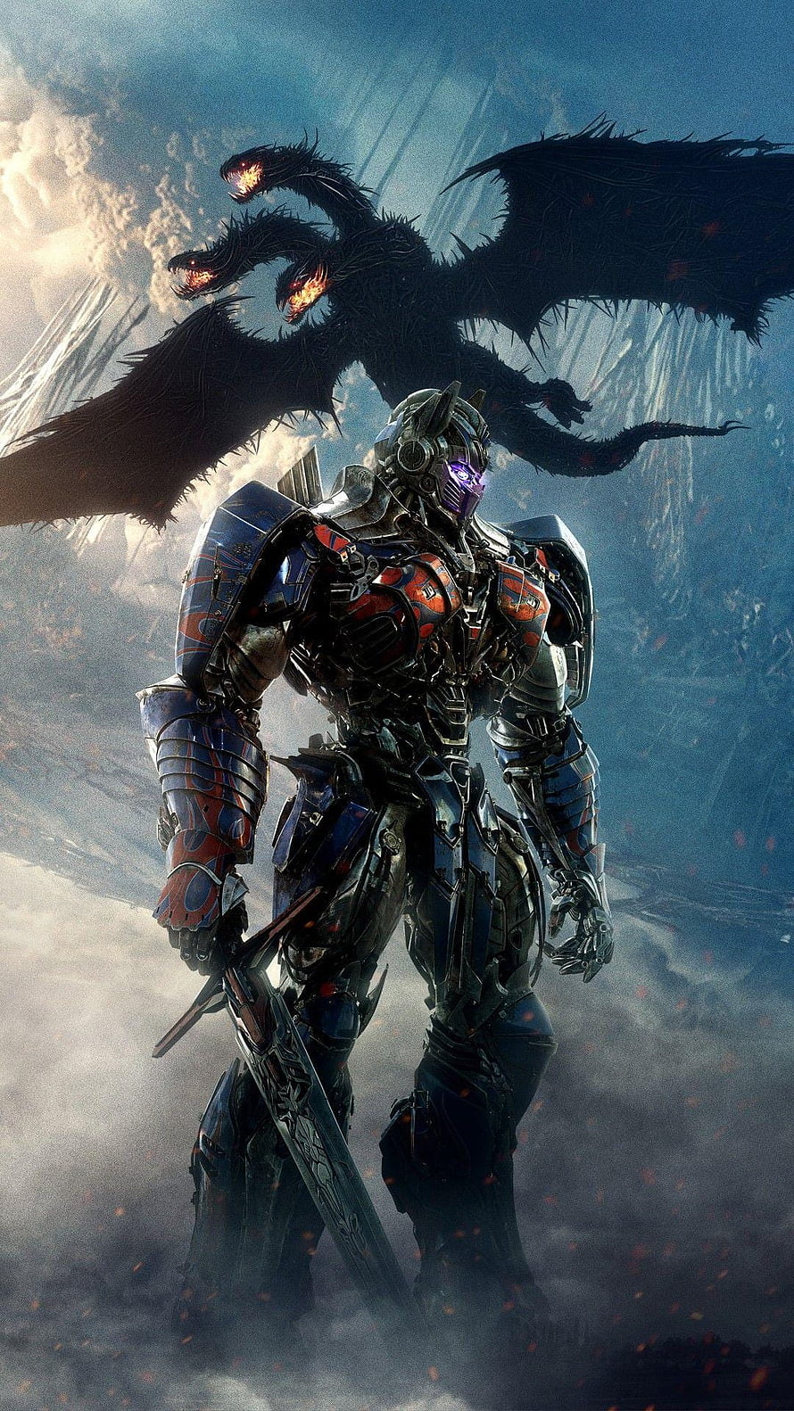 Optimus Prime wielding a sword with a three-headed dragon in the background HD phone wallpaper
