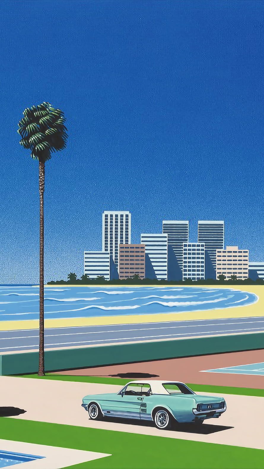 Hiroshi Nagai Retro Coastal Illustration with Classic Car and Palm Tree HD phone wallpaper