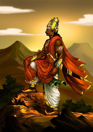 Ravana Digital Art Illustration Standing on Rocky Cliff at Sunset HD phone wallpaper