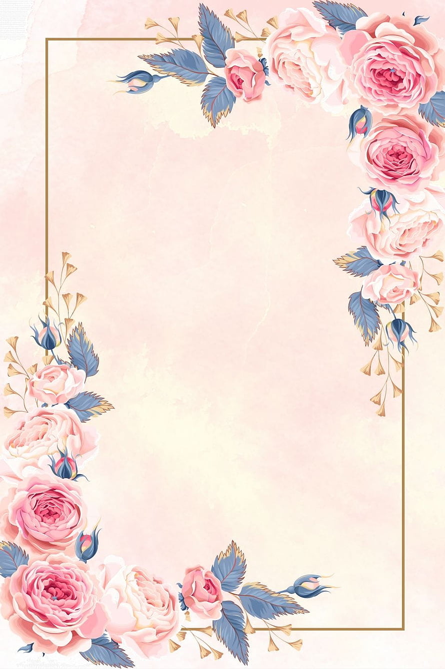 Elegant Watercolor Floral Frame with Pink Roses and Gold Border on Soft Background HD phone wallpaper