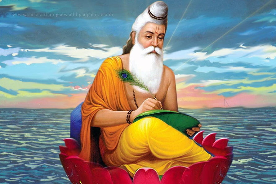 Sage Vyasa Writing Mahabharata on Lotus Flower in Ocean HD wallpaper