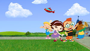Little Einsteins characters playing outside with a red helicopter in a sunny field HD wallpaper