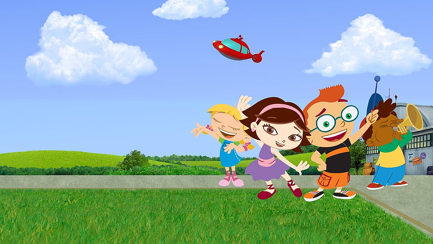 Little Einsteins characters playing outside with a red helicopter in a sunny field HD wallpaper