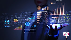 Business Professional Interacting with Holographic Financial Data and Market Analytics Dashboard HD wallpaper