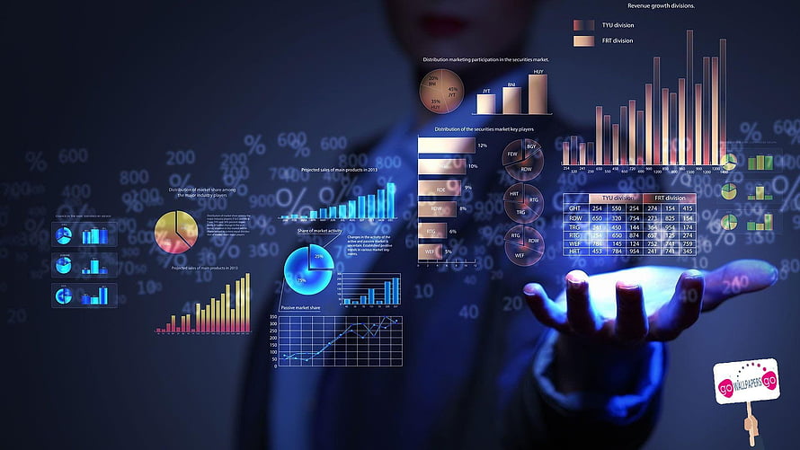 Business Professional Interacting with Holographic Financial Data and Market Analytics Dashboard HD wallpaper